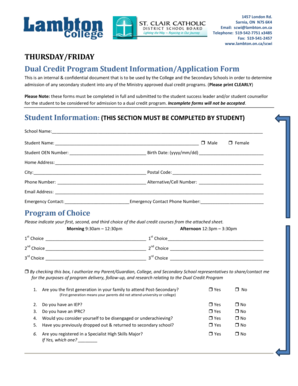 Dual Credit Program Student Information/Application Form