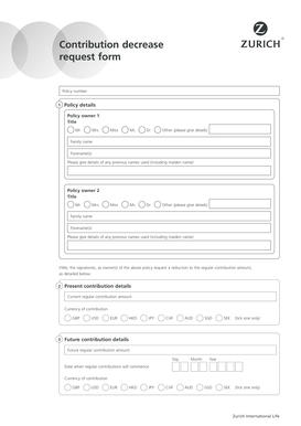 Zurich International Life Contribution Decrease Request Form