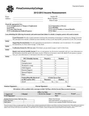 Pima Community College 2012-2013 Income Reassessment Form