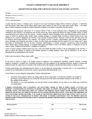 Coast Community College District Assumption of Risk Form