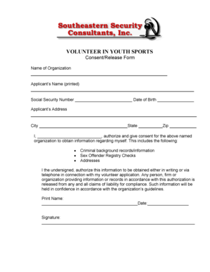 Volunteer Youth Sports Consent Release Form