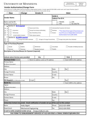 University of Minnesota Vendor Authorization/Change Form