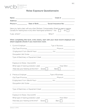 Workers' Compensation Board Noise Exposure Questionnaire