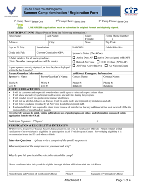 US Air Force Youth Programs Summer Camp Nomination / Registration Form