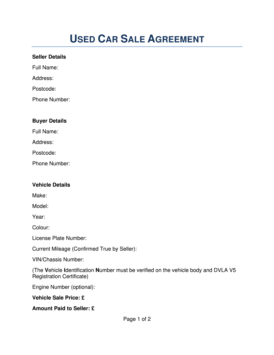 Used Car Sale Agreement Form