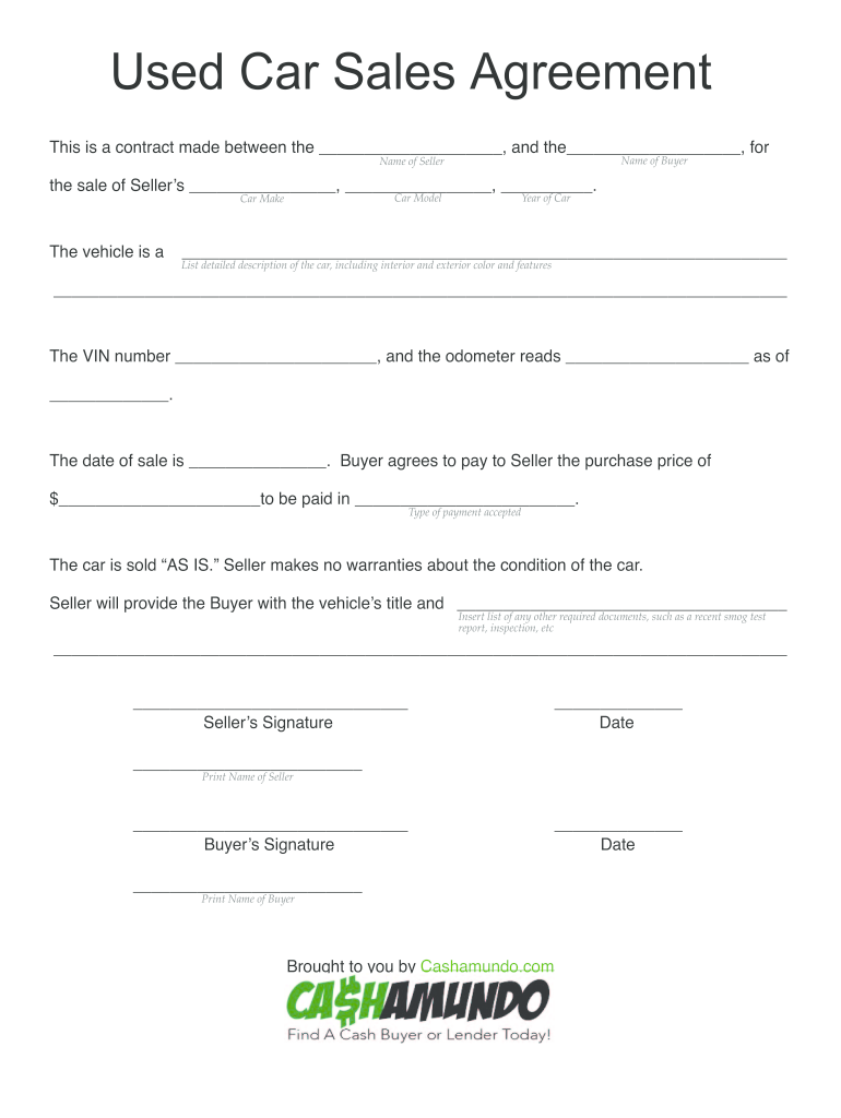 Printable Vehicle Purchase Agreement - Fill Online, Printable In car purchase agreement template