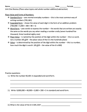 Unit One Review Math Worksheet