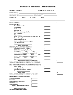 Purchaser's Estimated Costs Statement
