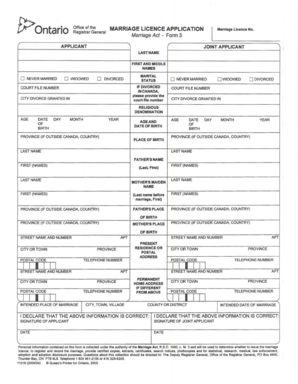 Ontario Marriage Licence Application