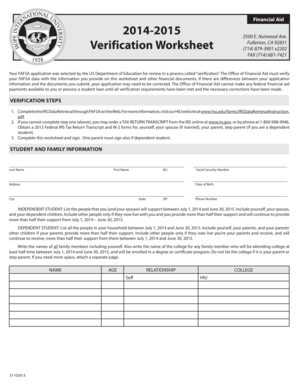 2014-2015 Financial Aid Verification Worksheet