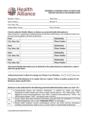 Health Alliance Authorization to Disclose Protected Health Information