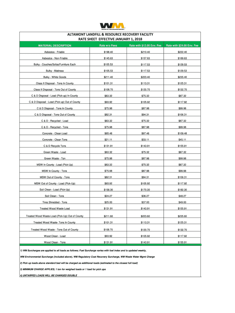 Fillable Online rate sheet effective january 1, 2018 altamont landfill