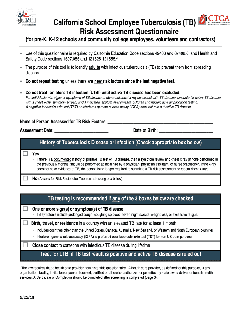 CA School Employee Tuberculosis TB Risk Assessment Questionnaire 2018 