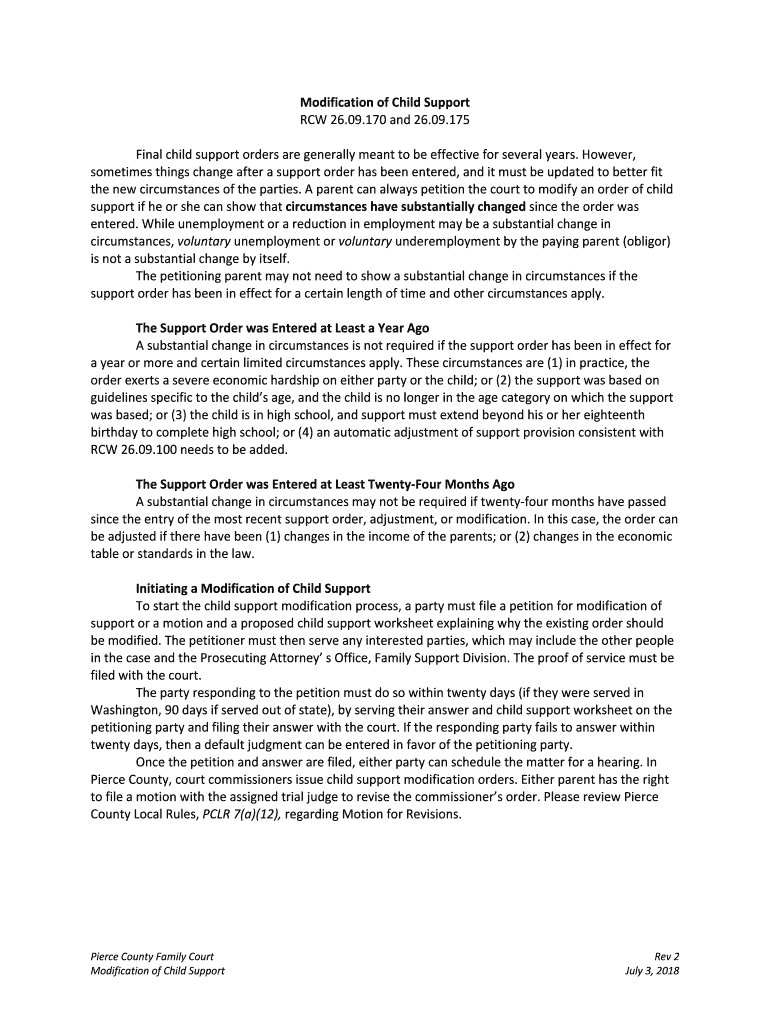 Fillable Online Modification of Child Support RCW 26.09.170 and 26.09.