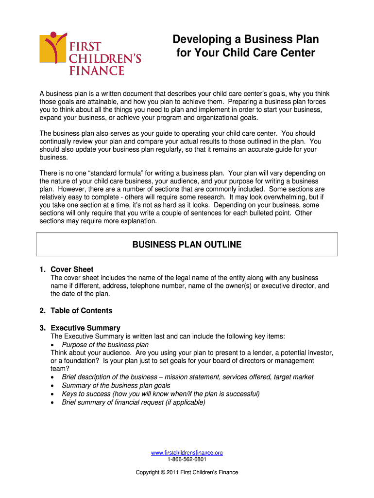 Fillable Online THE CHILD CARE CENTER BUSINESS PLAN Fax Email Print pdfFiller