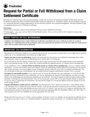 Request for Partial or Full Withdrawal from a Claim SettlementCertificate