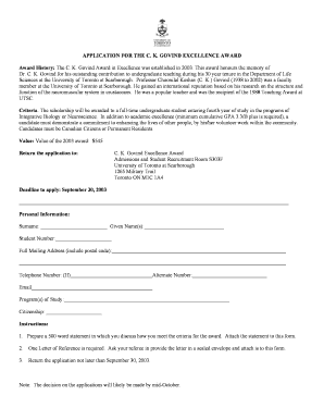 APPLICATION FOR THE CK GOVIND EXCELLENCE ... - UTSC