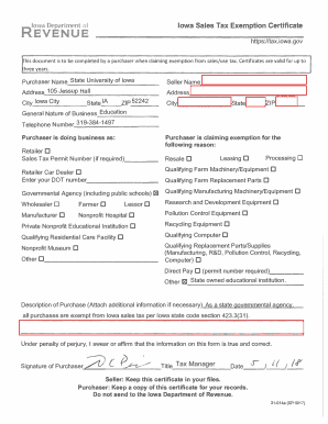 Iowa Sales Tax Exemption Certificate - University of Iowa