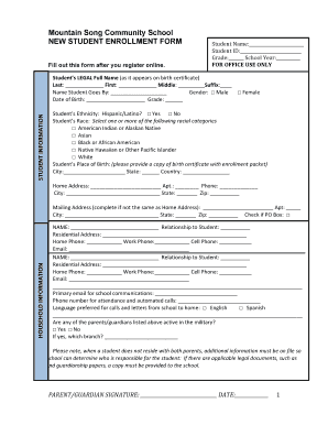 New student enrollment form - Mountain Song