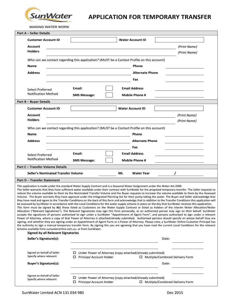 sunwater temporary transfer form Preview on Page 1