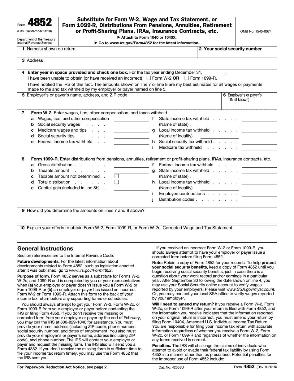 Irs Form 4852 Fill Out Online Pdf Samples
