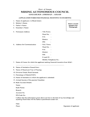 Application form for financial incentive to students