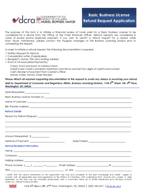 Basic Business License Refund Request Application - DC.gov