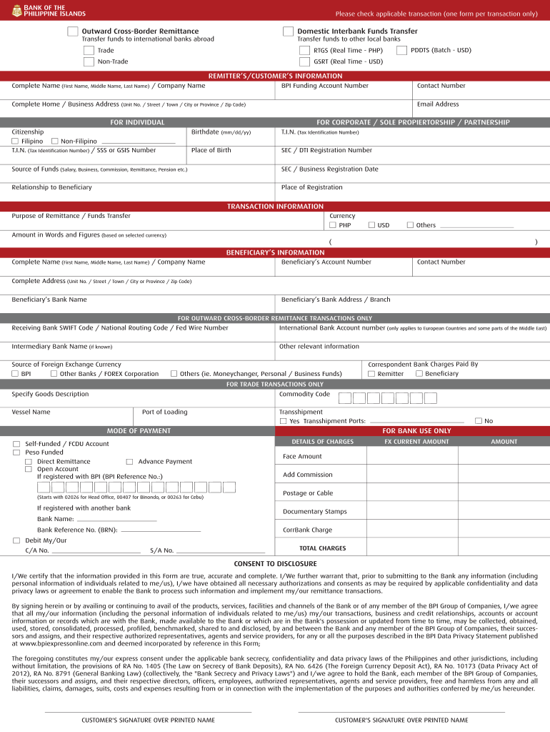 Bpi Remittance Form 2020 Fill and Sign Printable Template Online US