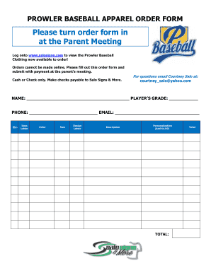 PROWLER BASEBALL APPAREL ORDER FORM