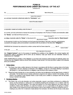 Form 32. Performance Bond under s. 85.1 of the Act