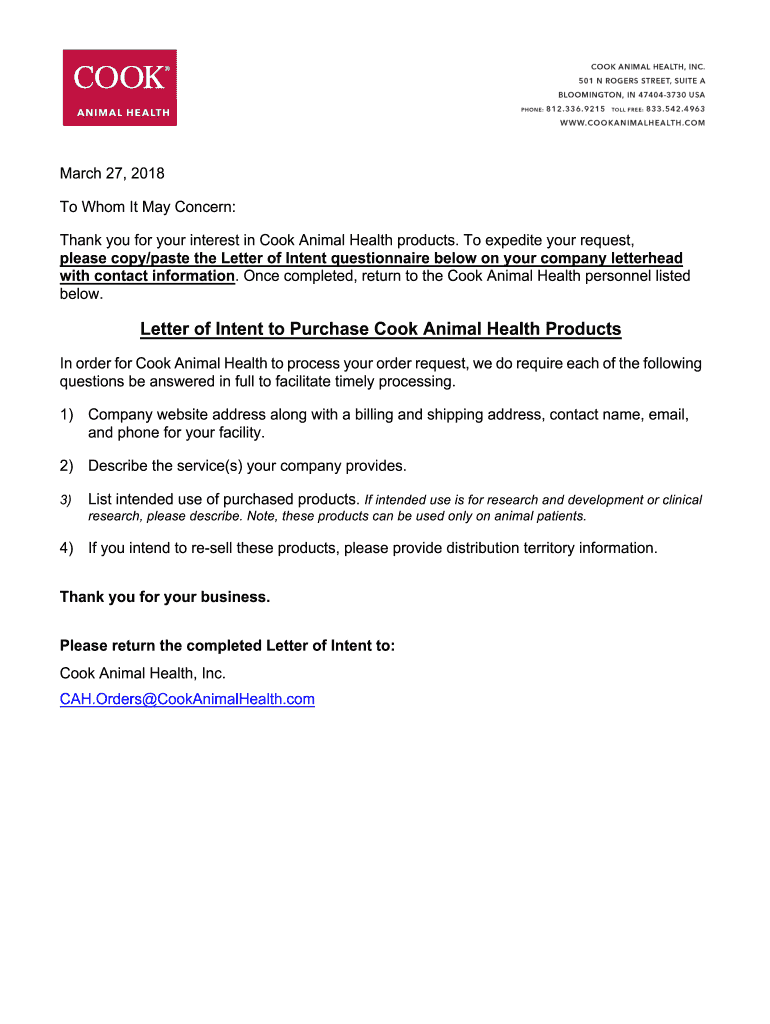 Letter of Intent to Purchase Cook Animal Health Products Preview on Page 1