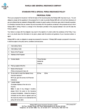 Proposal for standard fire &amp; special perils policy - Raheja QBE