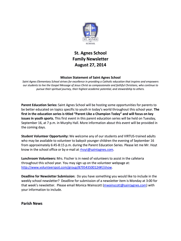 Fillable Online St. Agnes Academy Mission Statement St. Agnes Key