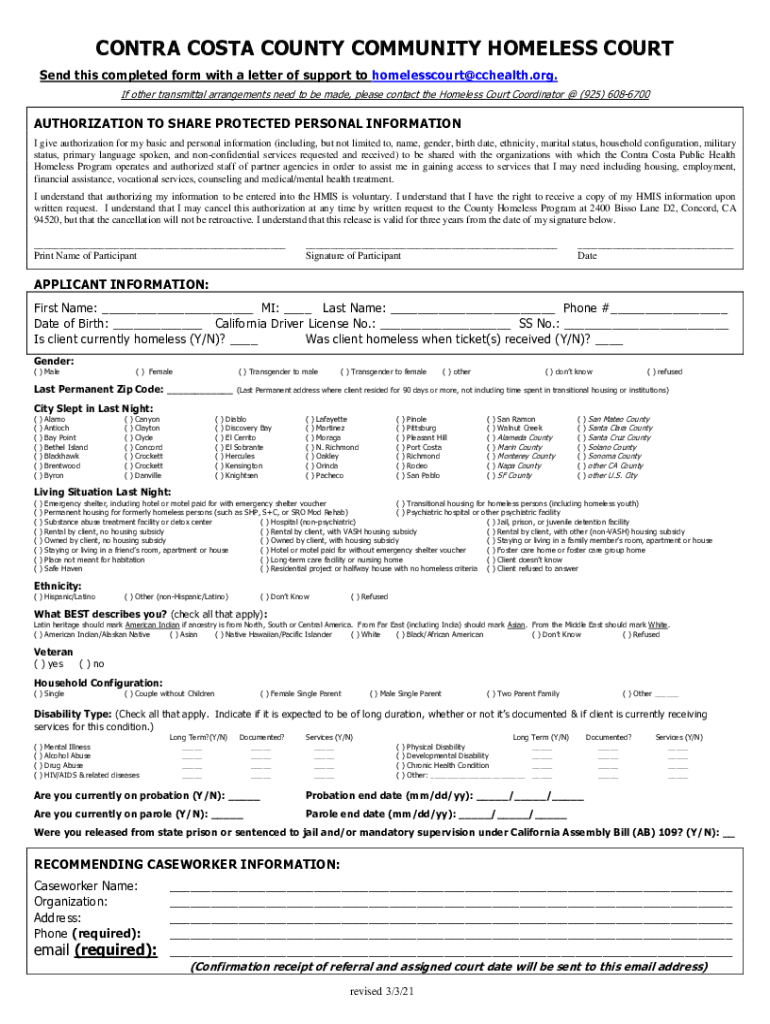 authorization contra costa homeless form Preview on Page 1