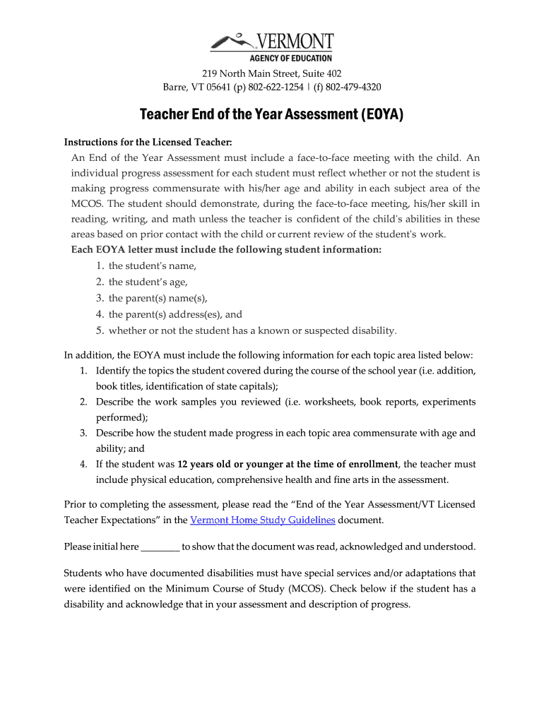 Teacher End of the Year Assessment (EOYA) - Vermont Agency of Preview on Page 1
