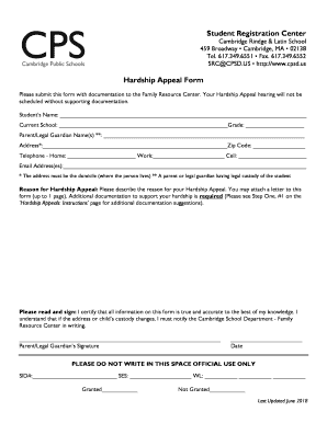 Hardship Appeal Form - Cambridge Public Schools