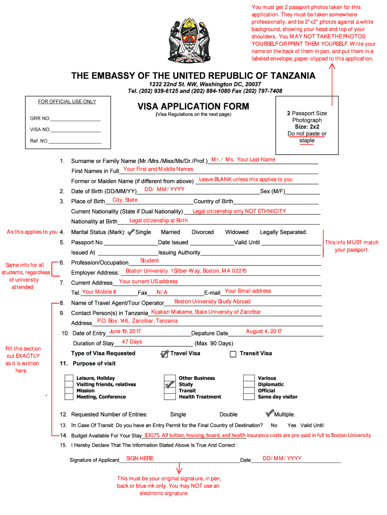 Fillable Online Embassy Of The United Republic Of Tanzania Visa Application Form Fax Email Print Fillable Online Embassy Of The United Republic Of Tanzania Visa Application Form Fax Email Print