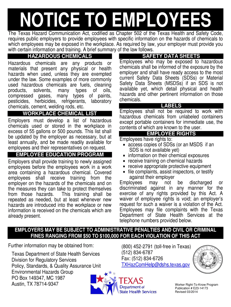 Fillable Online Texas Hazard Communication Rules Texas Department of
