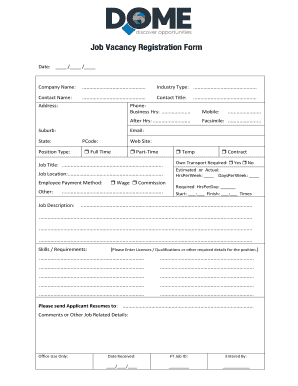 Fillable Online Job Vacancy Registration Form Discoverdome Org Au Fax Email Print Pdffiller