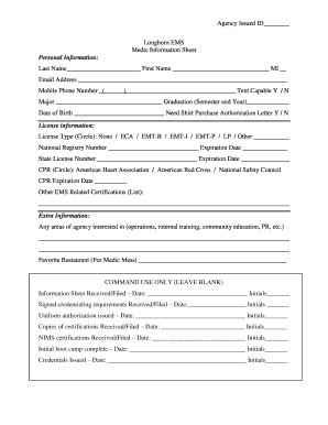 Agency Issued ID Longhorn EMS Medic Information Sheet ...