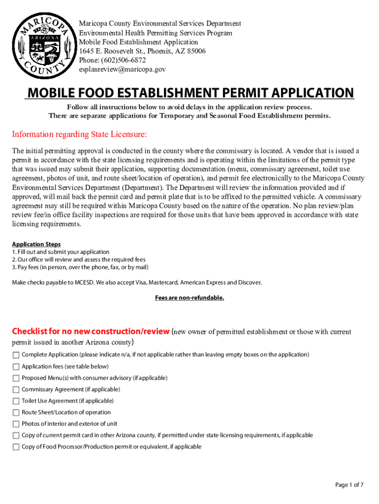 MOBILE FOOD ESTABLISHMENT PERMIT APPLICATION - Maricopa Preview on Page 1