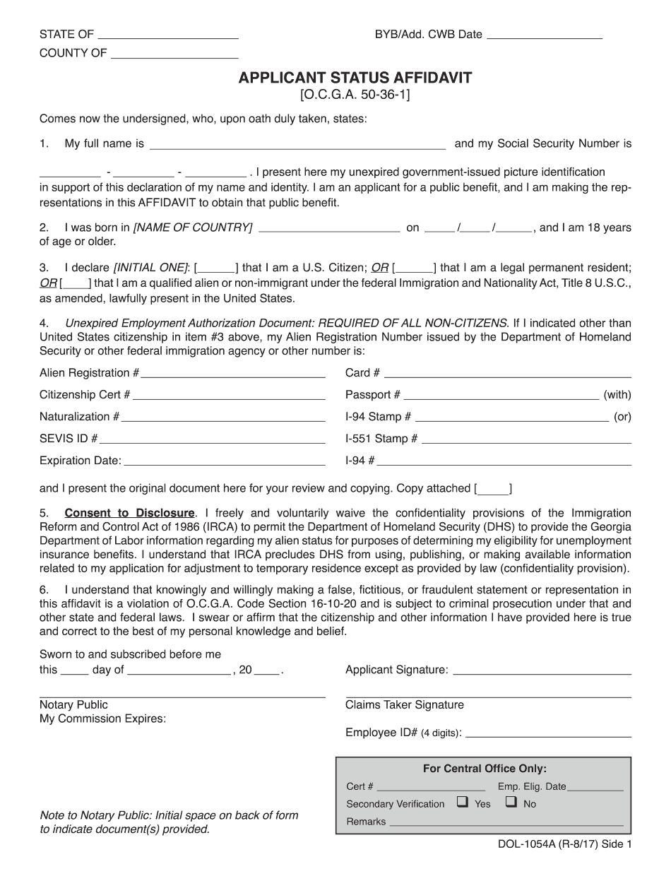 Applicant Status Affidavit Printable Blank PDF Online