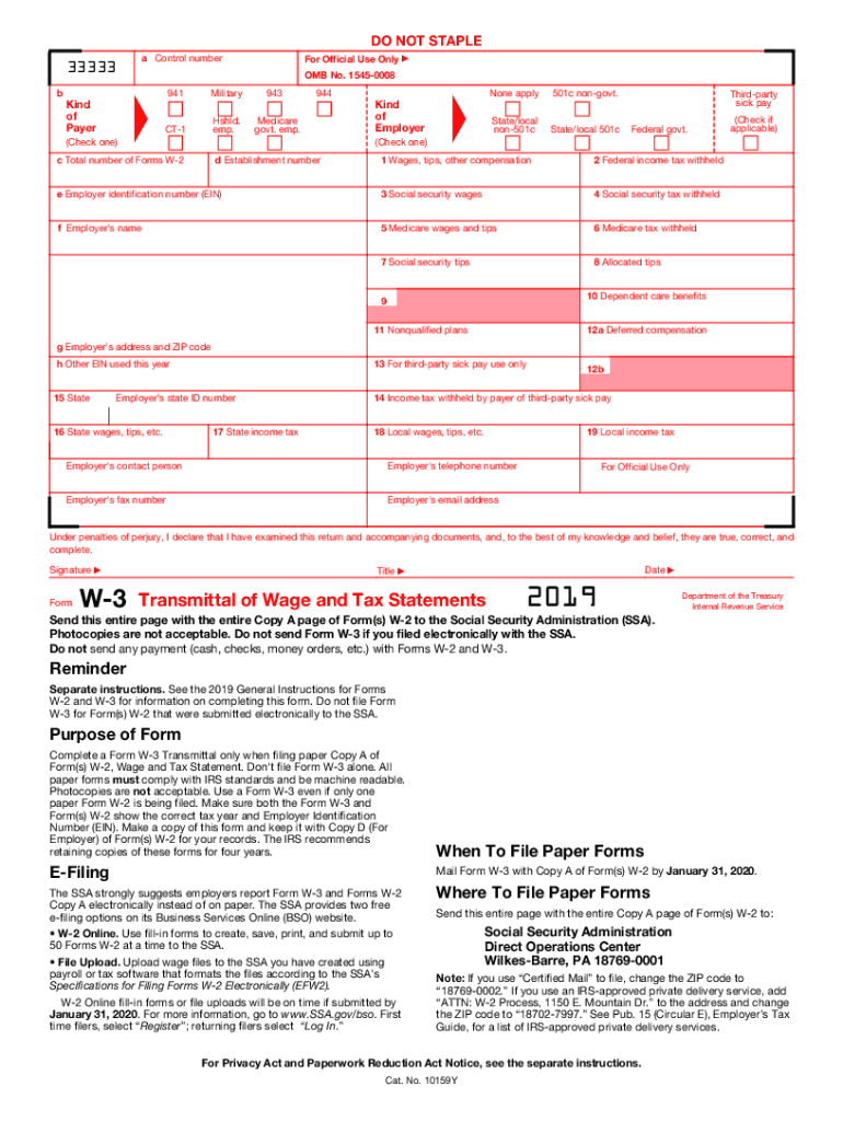 for W2s to SSA 2011 IRS Tax Form W-3 Transmittal of Wage /& Tax Statements