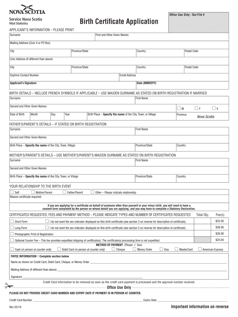 Canada Birth Certificate Application Nova Scotia 2019 2021 Fill And