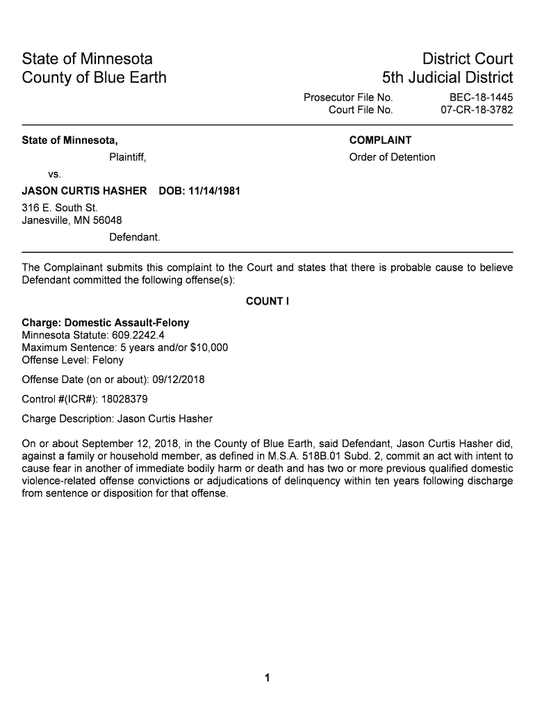 Blue Earth County Criminal Complaints Fill Online, Printable