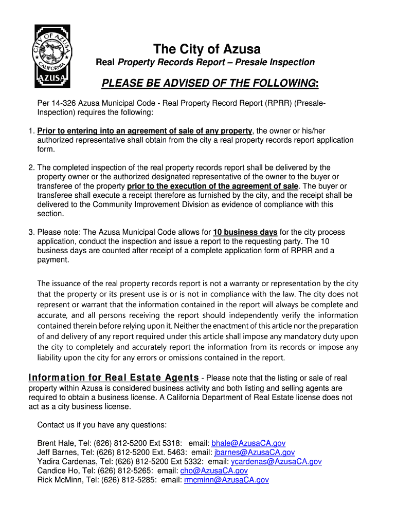 Fillable Online Real Property Record Report (RPRR) City of Azusa Fax