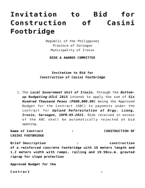 Invitation to Bid for Construction of Casini Footbridge,Notice of Award for Supply &amp;#038; Delivery of Hardware/Materials as Assistance to Various Schools,Supply &amp;#038; Delivery of Agricultural Equipment for Municipal