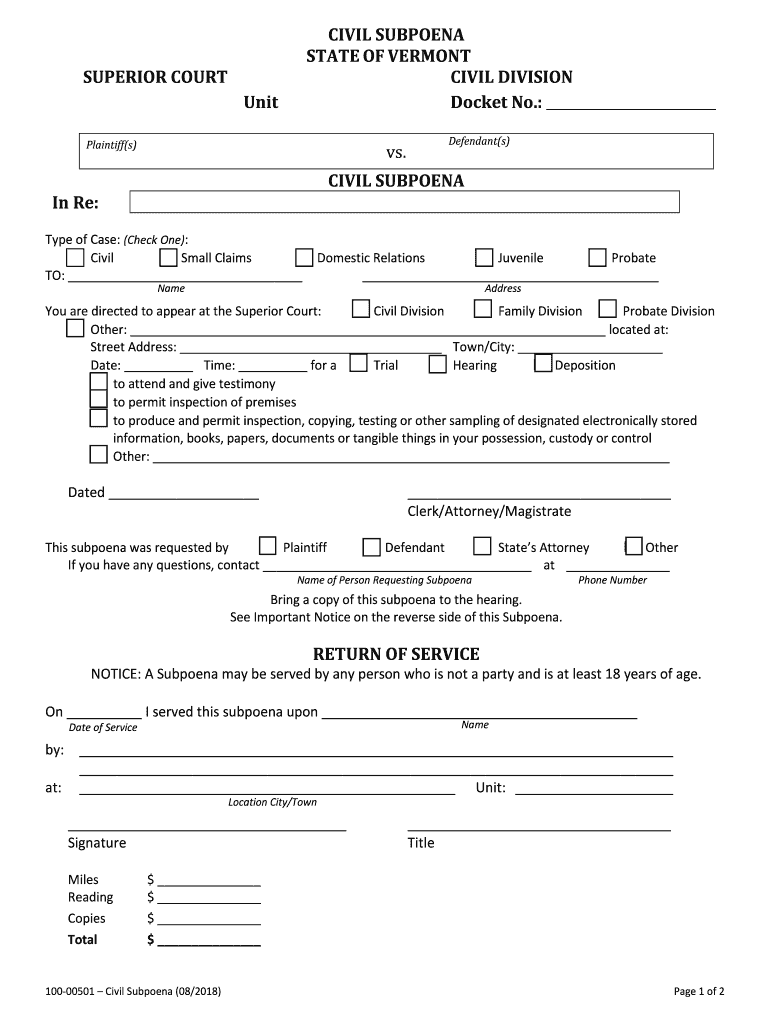 CIVIL SUBPOENA STATEOFVERMONT - Vermont Judiciary Preview on Page 1