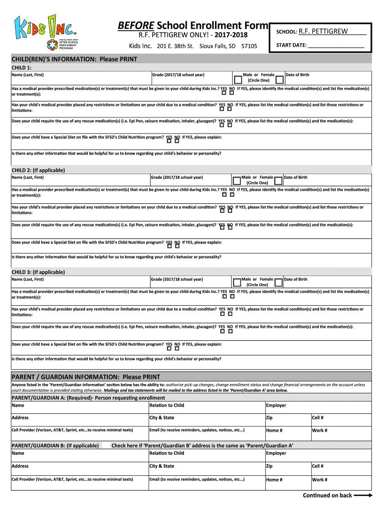 Kids Inc Enrollment Form for Before School Preview on Page 1