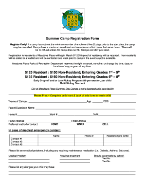 Summer Camp Registration Form $125 Resident / $150 Non ...